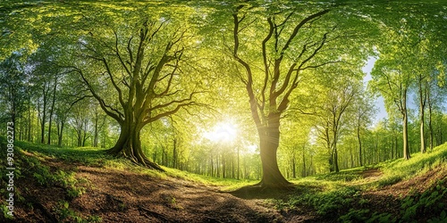 Fototapeta Naklejka Na Ścianę i Meble -  Beautiful forest panorama with large trees and bright sun, wide angle lens. 
