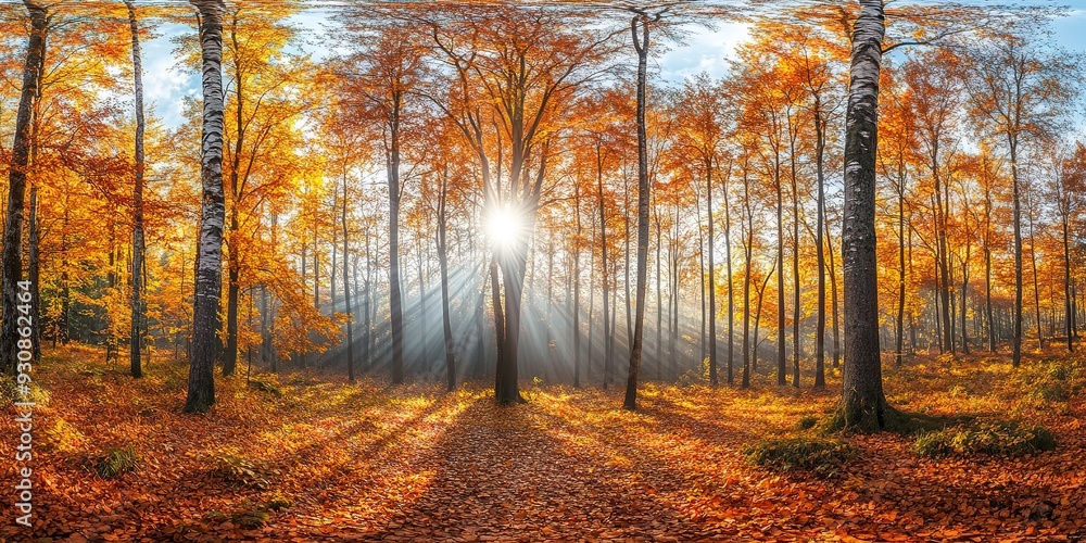 Panoramic image of a beautiful autumn forest with sunbeams Panoramic image of a beautiful autumn forest with sunbeams