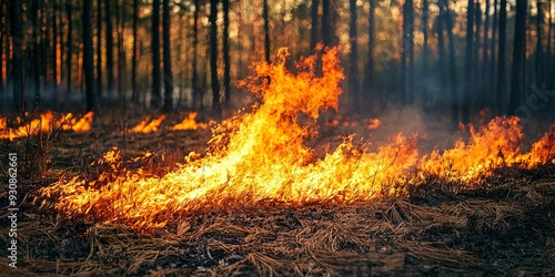 A controlled fire burns in a designated area of the forest as part of a prescribed burn to manage vegetation and promote forest health 