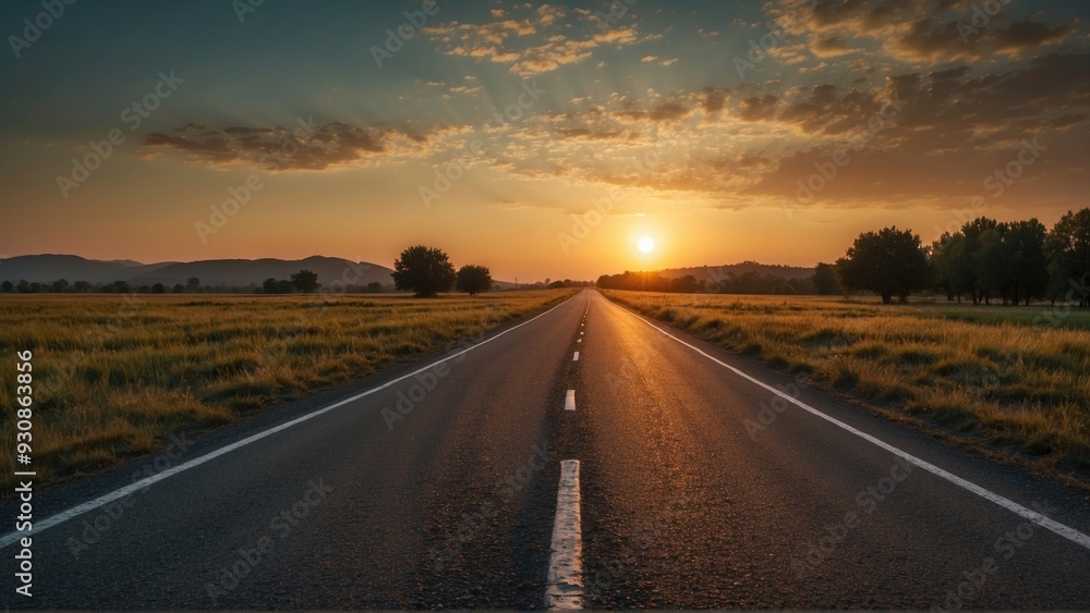 A Straight Road Leading Toward a Sunset Over a Grassy Field A Straight Road Leading Toward a Sunset Over a Grassy Field