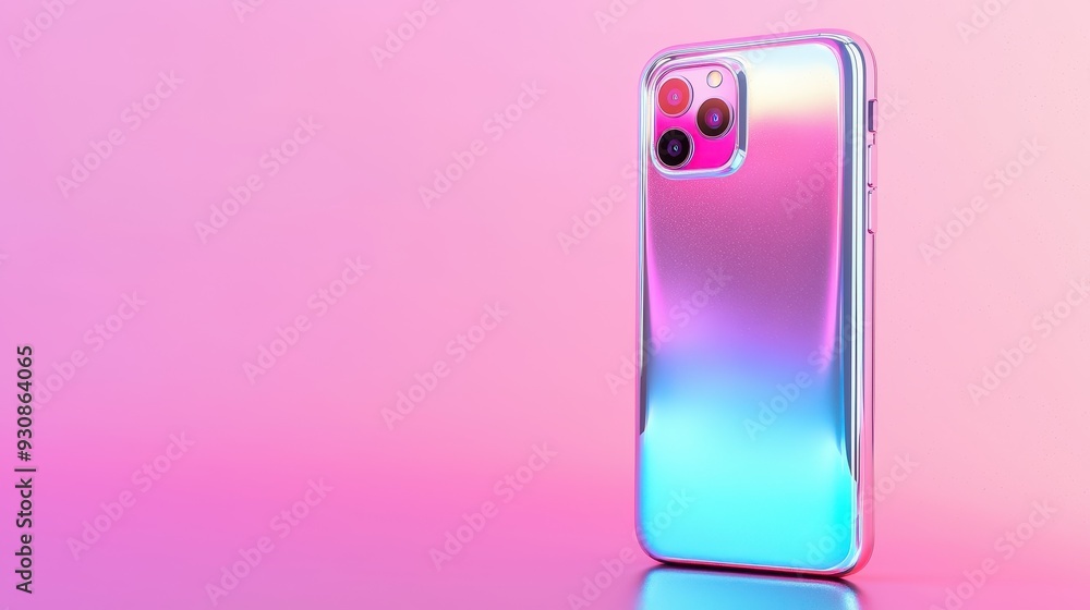 Pink and Blue Gradient Smartphone with Triple Camera on Pink Background Pink and Blue Gradient Smartphone with Triple Camera on Pink Background