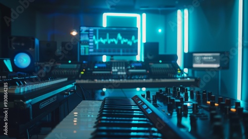 Wallpaper Mural High tech sound engineering studio with illuminated control panels and advanced technology designed for cutting edge audio production and professional sound mixing Torontodigital.ca