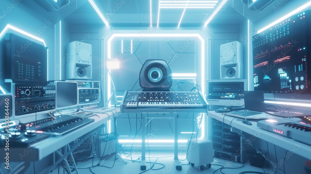 Futuristic DJ booth with neon lighting and advanced sound equipment designed for high energy music production and dynamic audio experiences Futuristic DJ booth with neon lighting and advanced sound equipment designed for high energy music production and dynamic audio experiences