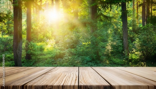 the picture of the wood table in the middle of the forest that surrounded with an uncountable amount of tree and plant in the forest with a bright light from the brightest sun of the daytime aigx03 photo