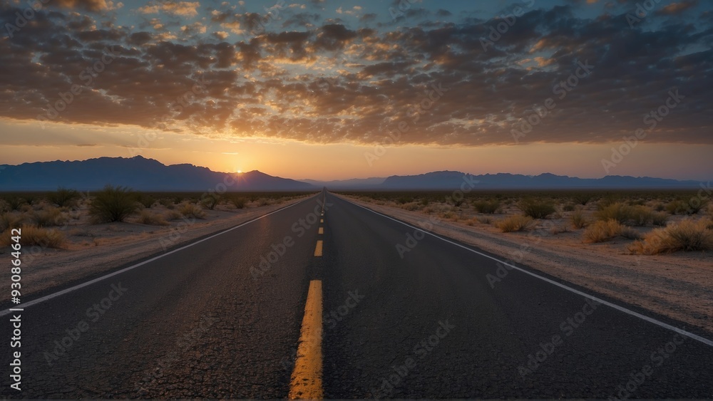 A Lonely Road Through the Desert at Sunset A Lonely Road Through the Desert at Sunset