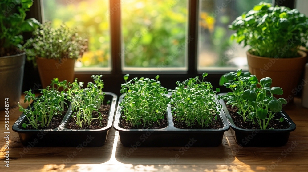 variety of microgreens displayed on wooden trays, showcasing fresh, vibrant, and healthy greens. The image captures the diversity of plant life in a natural setting, emphasizing organic growth and sus variety of microgreens displayed on wooden trays, showcasing fresh, vibrant, and healthy greens. The image captures the diversity of plant life in a natural setting, emphasizing organic growth and sus