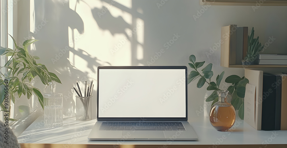 A laptop sits on a desk with a vase of plants and a bookcase behind it A laptop sits on a desk with a vase of plants and a bookcase behind it