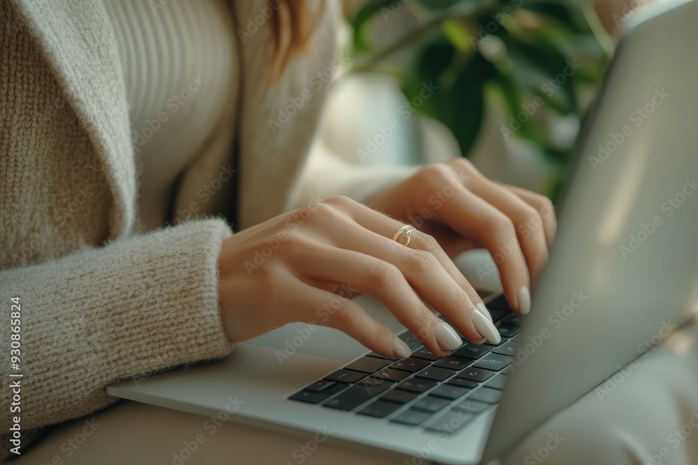 Fototapeta premium Close-up of woman's hands typing on a laptop. This photo can be used for websites or blog posts about work, productivity, or technology.