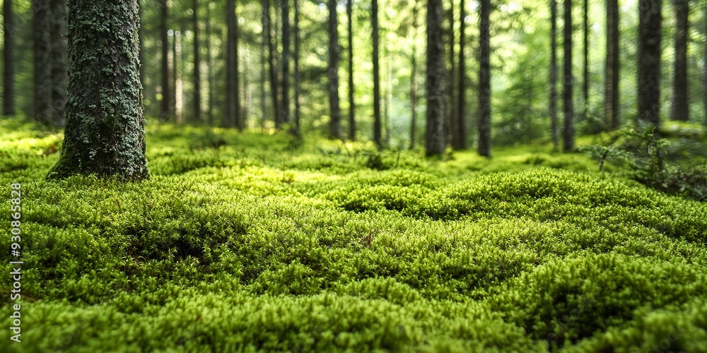 A dense green moss covering a forest floor A dense green moss covering a forest floor