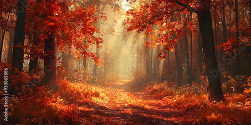 A warm autumnal forest bathed in sunlight, highlighting the rich red and orange hues of the fall foliage 