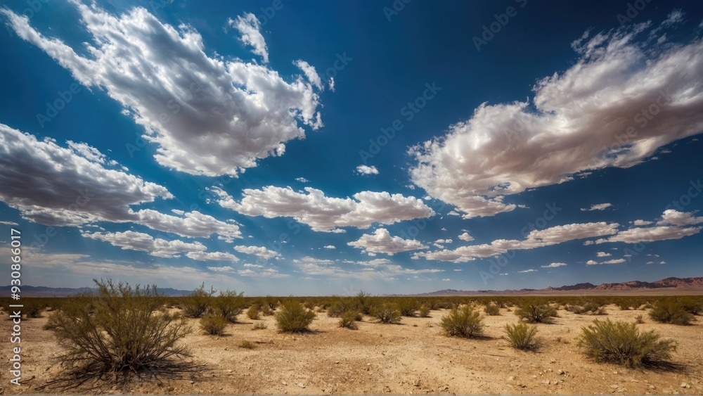 Fototapeta premium Desert Landscape with Scattered Bushes and a Blue Sky with White Clouds