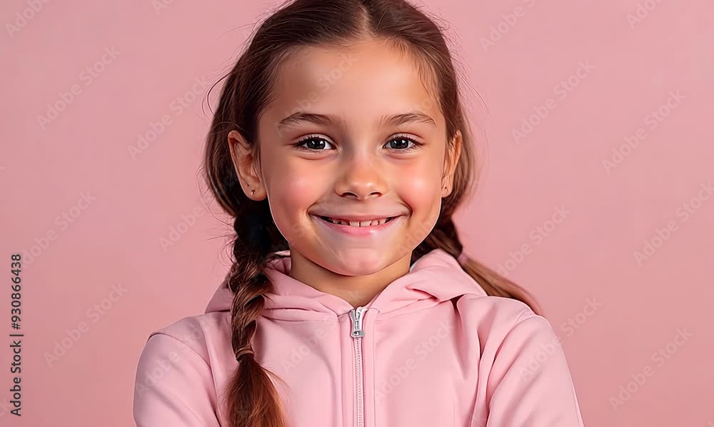 Portrait of a little girl in a pink hoodie on a pink background. Portrait of a little girl in a pink hoodie on a pink background.