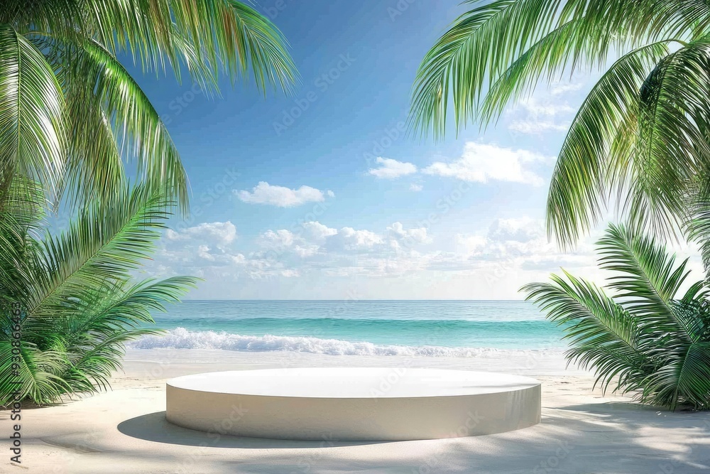Beach podium summer background product 3D display platform. Serene beach with round platform and palm trees. Pedestal promotion presentation ad with generative ai Beach podium summer background product 3D display platform. Serene beach with round platform and palm trees. Pedestal promotion presentation ad with generative ai