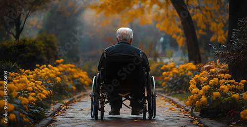 A man in a wheelchair is sitting in a flower garden