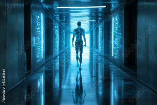 Wallpaper Mural Futuristic corridor with holographic human figure representing advanced medical research and digital healthcare technology in a high tech environment Torontodigital.ca