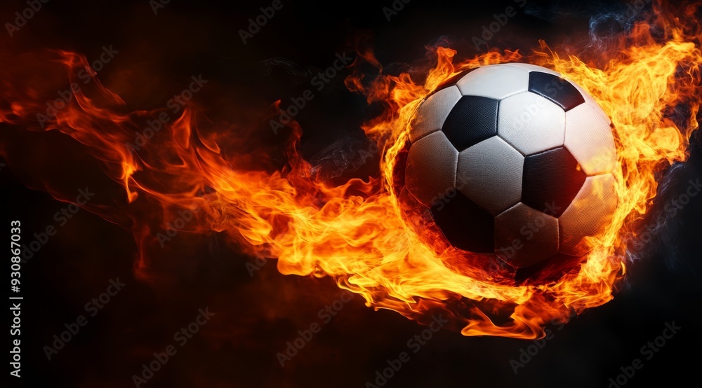 Naklejka premium A soccer ball engulfed in flames, powerfully showcasing dynamic movement, intensity, and energy in sports activities