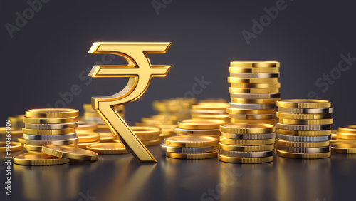 Photos Indian rupee symbol with stacks of coins on a dark background