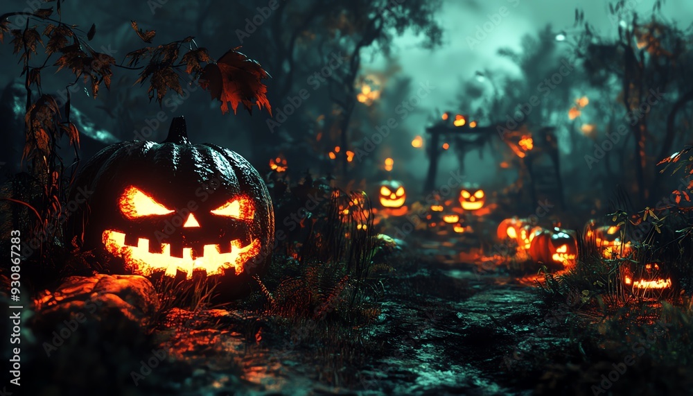 A spooky Halloween scene with glowing jack-o'-lanterns on a misty path, creating an eerie atmosphere in a Halloween night setting. A spooky Halloween scene with glowing jack-o'-lanterns on a misty path, creating an eerie atmosphere in a Halloween night setting.