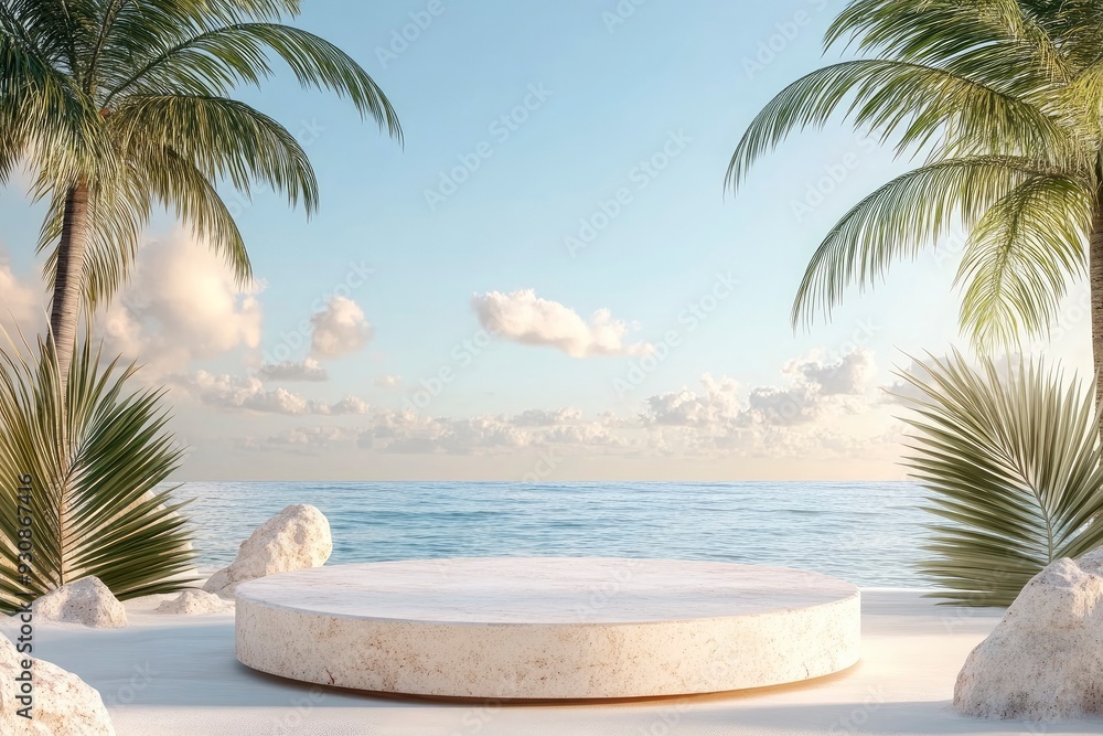 Beach podium summer background product 3D display platform. Serene beach with round platform and palm trees. Pedestal promotion presentation ad with generative ai Beach podium summer background product 3D display platform. Serene beach with round platform and palm trees. Pedestal promotion presentation ad with generative ai
