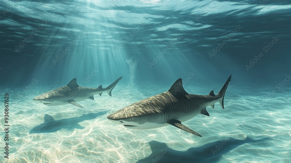 Fototapeta premium Tiger Sharks Swimming in the Ocean