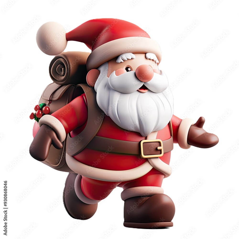 Cartoon Santa Claus with a backpack is running. Santa Claus is smiling and is in a good mood. Concept of Christmas, fun, tradition, holidays, winter, festivity. White background. 3d style.