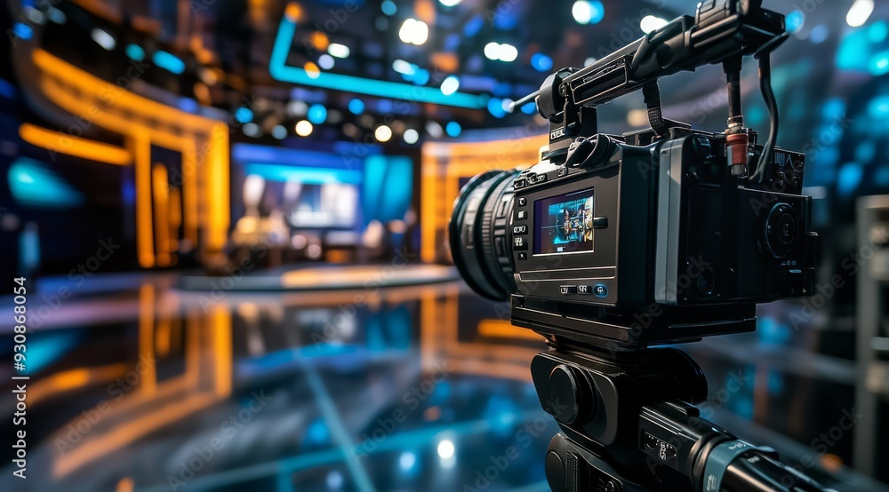 A vibrant television studio features advanced video technology and bright, professional lighting, enhancing production quality for a variety of shows and broadcasts for diverse audiences A vibrant television studio features advanced video technology and bright, professional lighting, enhancing production quality for a variety of shows and broadcasts for diverse audiences