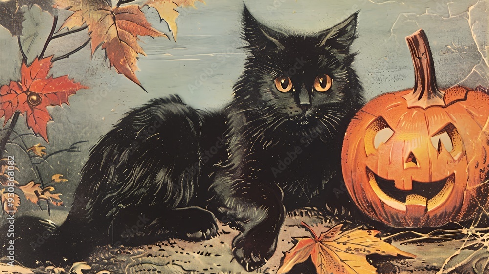 A black cat with bright yellow eyes sits beside a carved pumpkin with a toothy grin, surrounded by fall foliage. A black cat with bright yellow eyes sits beside a carved pumpkin with a toothy grin, surrounded by fall foliage.