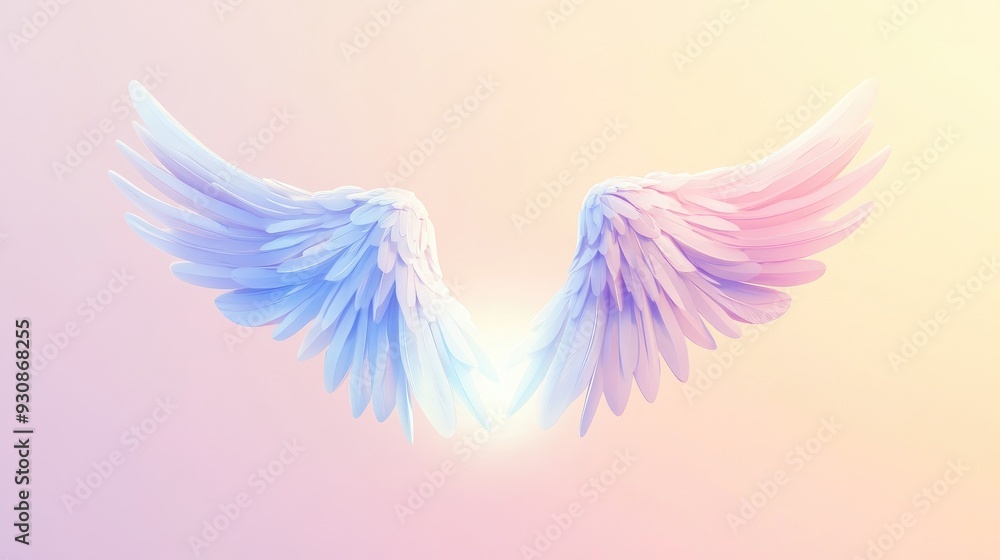Fototapeta premium Adorable cartoon angel wings with soft, rounded feathers and a gentle light aura, floating in a pastel gradient background.