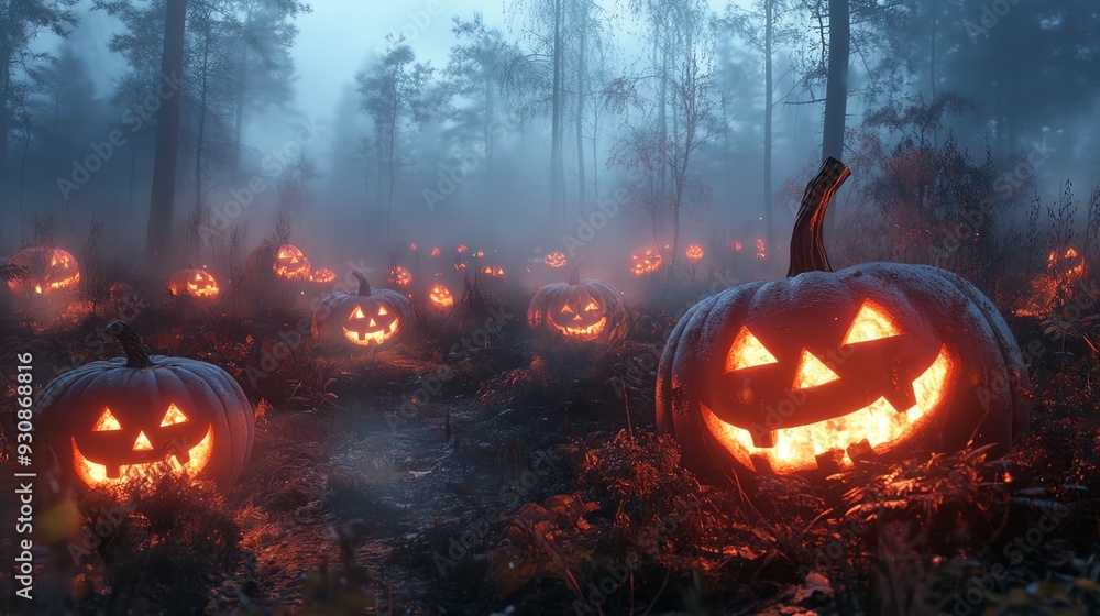 Fototapeta premium A spooky Halloween night scene featuring glowing jack-o'-lanterns in a misty forest setting.