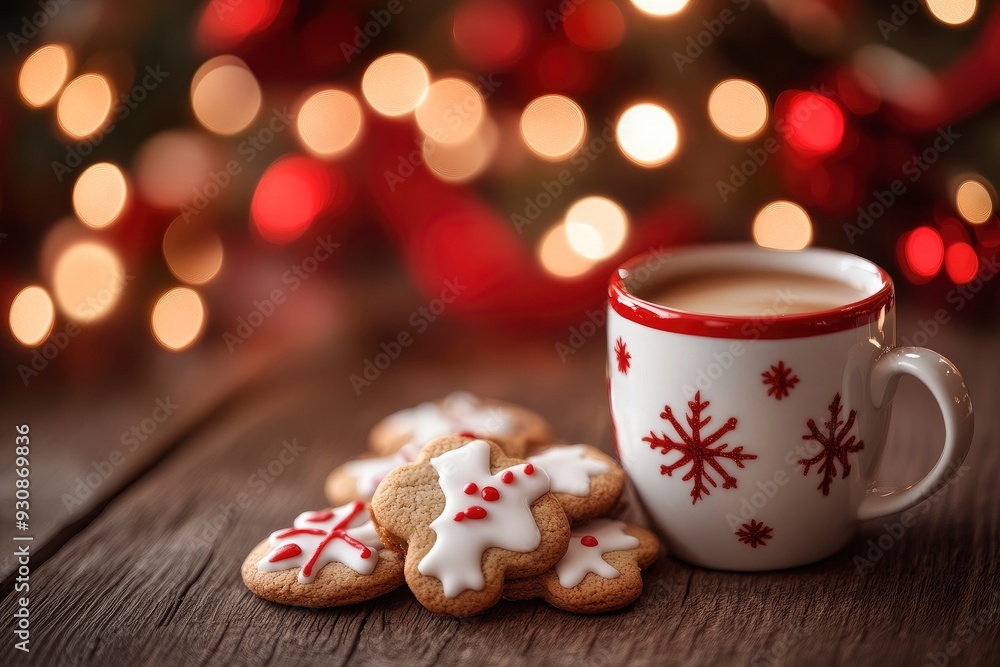 Cup of coffee with christmas cookies on wooden table and bokeh background with copy space with generative ai Cup of coffee with christmas cookies on wooden table and bokeh background with copy space with generative ai