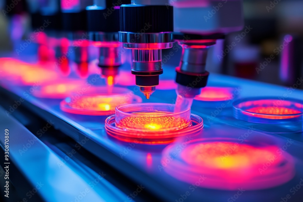 Neon blue and pink test samples under scrutiny in a futuristic lab with precision equipment Neon blue and pink test samples under scrutiny in a futuristic lab with precision equipment