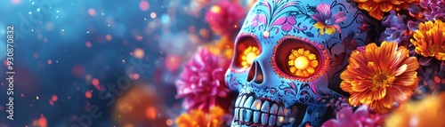 Colorful sugar skull adorned with marigold flowers, symbolizing Day of the Dead, vibrant and festive atmosphere.