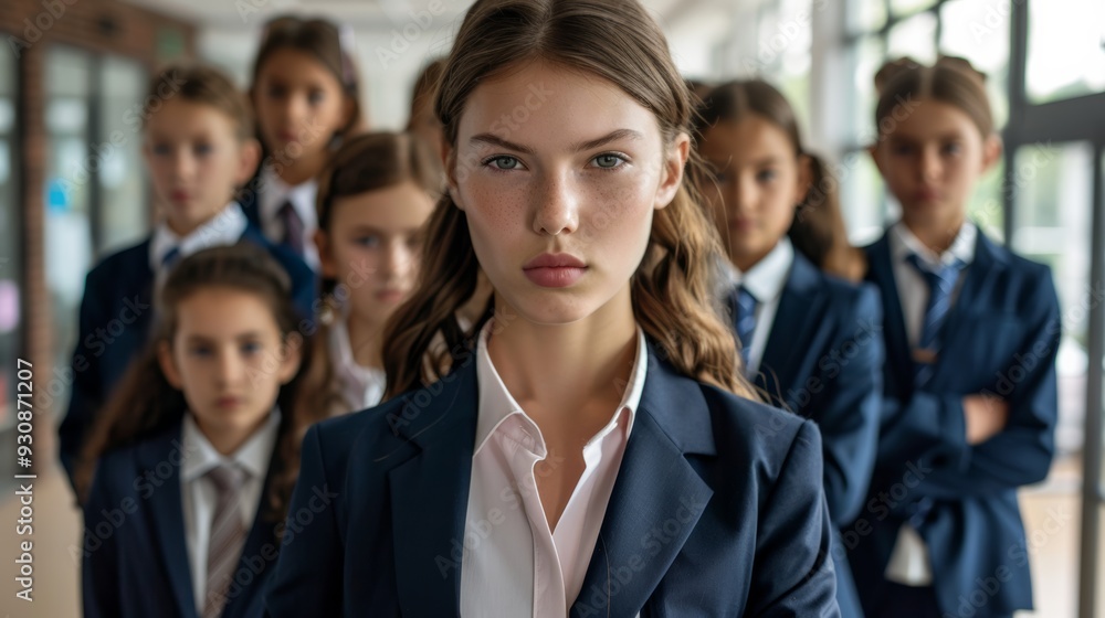 A diverse new business of young girls smiling at the camera, standing together in a startup environment. A diverse new business of young girls smiling at the camera, standing together in a startup environment.