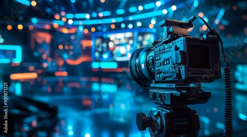 A sophisticated video camera is showcased in a vibrant television studio, highlighting advanced technology and stunning lighting that enhance the productions visual appeal and quality