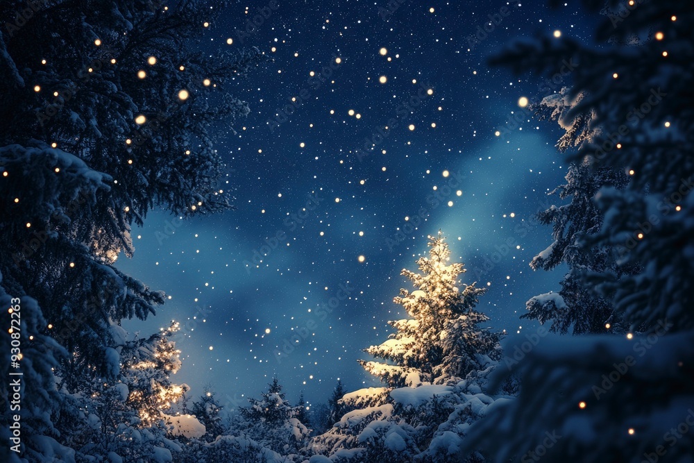 Naklejka premium Digital composite of Christmas tree with snow and stars in the night sky. Christmas background with christmas tree, snow and stars. with generative ai