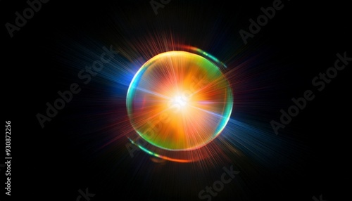 lens flare effect with light on a black background abstract sunburst featuring digital lens flare with rounded and hexagonal shapes along with a rainbow halo