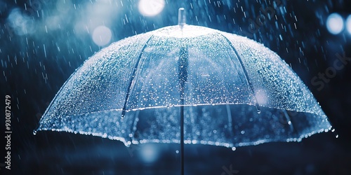 Transparent umbrella under heavy rain against water drops splash background. Rainy weather concept. 