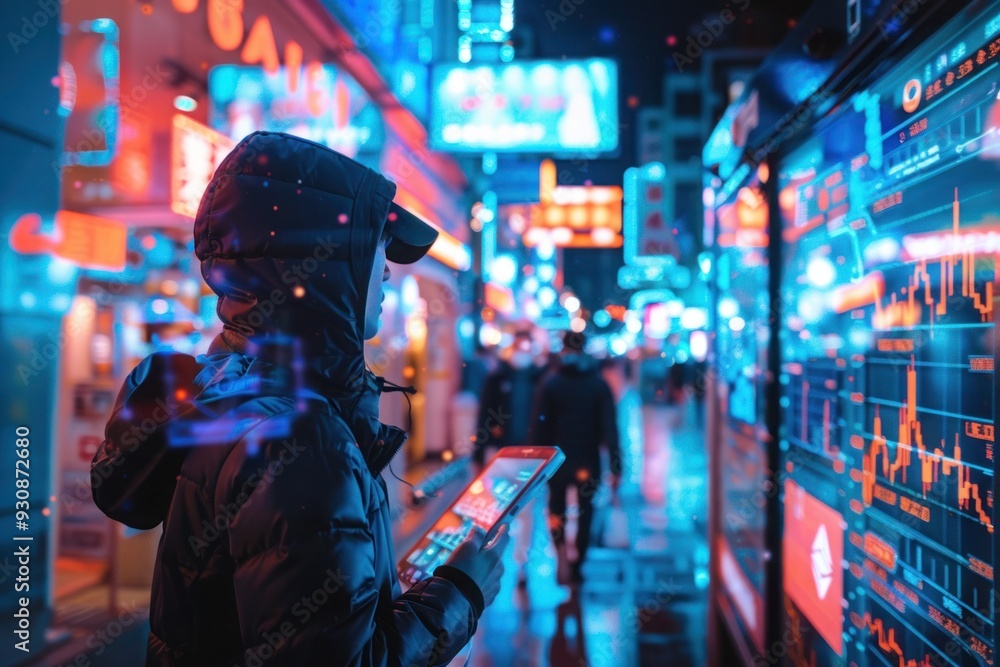 An individual walking through a neon-lit futuristic market district while checking cryptocurrency charts on a transparent tablet55 An individual walking through a neon-lit futuristic market district while checking cryptocurrency charts on a transparent tablet55