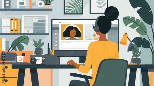 Young Asian Businesswoman Engaging in Online Video Conference from Home Office, Focusing on Remote Collaboration