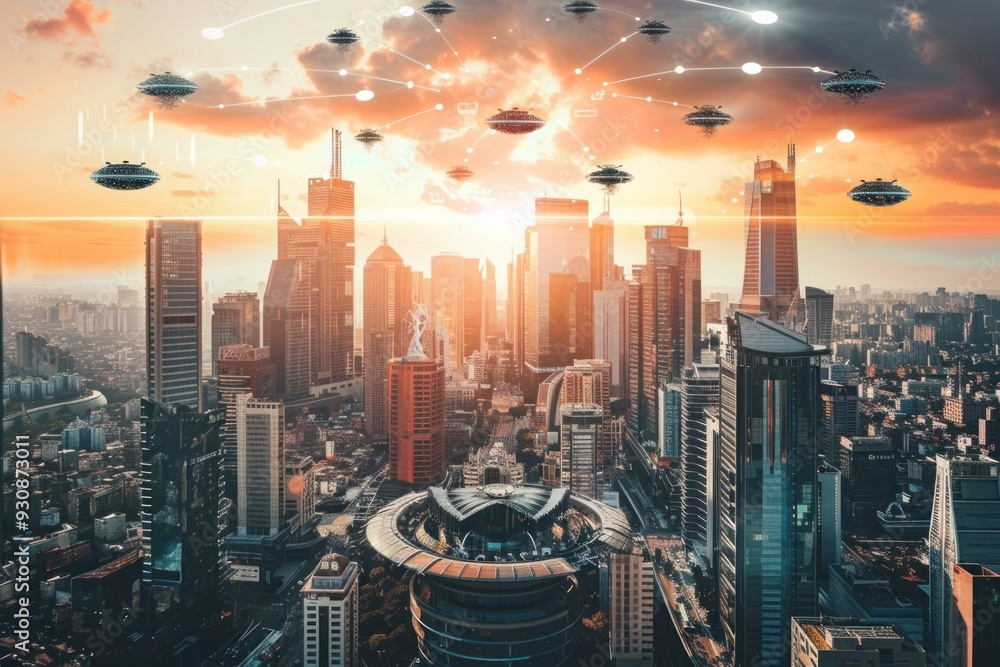 Fototapeta premium An inspiring image capturing the essence of a futuristic cityscape, where the symbiotic relationship between humans and AI drives a monumental surge in productivity