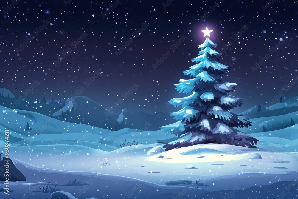 Fantastic winter landscape with christmas tree. Christmas background with christmas tree, snow and star. Beautiful christmas night with generative ai