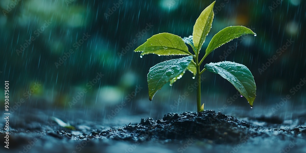 A rising young fresh plant, resiliently growing amidst heavy rain, symbolizes the arduous struggle for a new life, overcoming obstacles with tenacity. A rising young fresh plant, resiliently growing amidst heavy rain, symbolizes the arduous struggle for a new life, overcoming obstacles with tenacity.