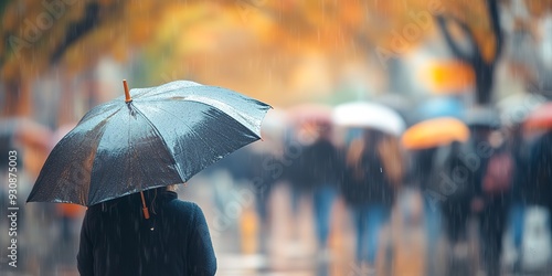 Wallpaper Mural crowd blurred people walk autumn street with an umbrella in raining days bokeh Torontodigital.ca