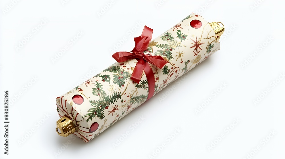 A traditional Christmas cracker wrapped in festive paper with a red ribbon and gold ends, isolated on a white background. A traditional Christmas cracker wrapped in festive paper with a red ribbon and gold ends, isolated on a white background.