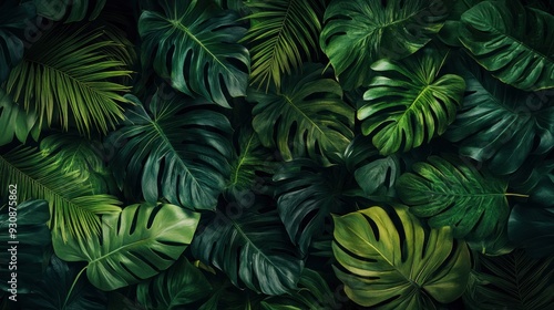 Group background of dark green tropical leaves ( monstera, palm, coconut leaf, fern, palm leaf,bananaleaf) Panorama background. concept of nature , ai