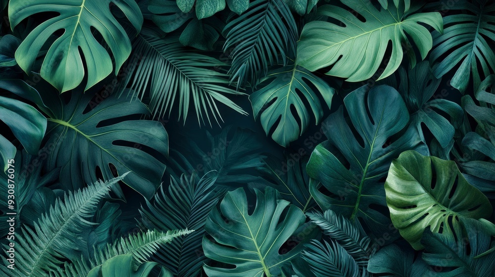 Group background of dark green tropical leaves ( monstera, palm, coconut leaf, fern, palm leaf,bananaleaf) Panorama background. concept of nature , ai Group background of dark green tropical leaves ( monstera, palm, coconut leaf, fern, palm leaf,bananaleaf) Panorama background. concept of nature , ai