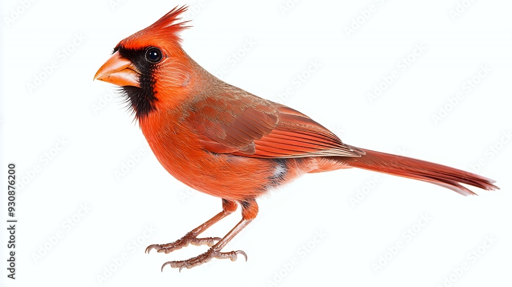 A vibrant red bird with a distinctive crest and black markings. A vibrant red bird with a distinctive crest and black markings.