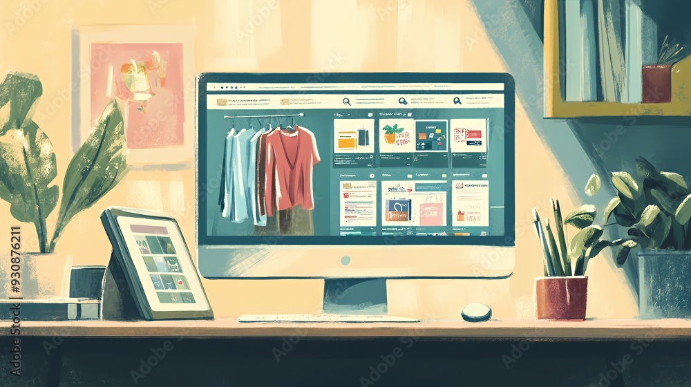 custom made wallpaper toronto digitalA computer screen displaying an online shopping website, with a plant and bookshelves in the background.