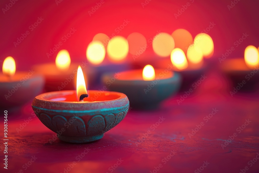 Happy Diwali - Clay Diya lamps lit during Diwali, Hindu festival of lights celebration. Colorful traditional oil lamp diya on red background with generative ai Happy Diwali - Clay Diya lamps lit during Diwali, Hindu festival of lights celebration. Colorful traditional oil lamp diya on red background with generative ai