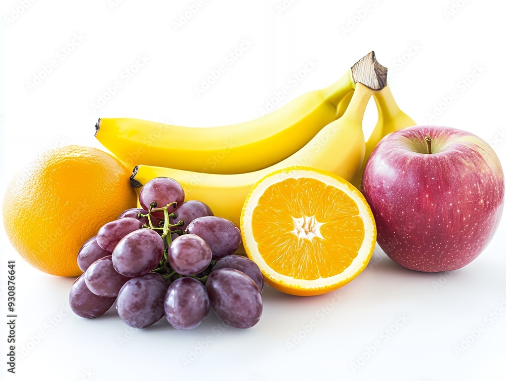 A vibrant mix of fresh fruits, including bananas, grapes, an orange, and an apple, arranged on a white background. A vibrant mix of fresh fruits, including bananas, grapes, an orange, and an apple, arranged on a white background.